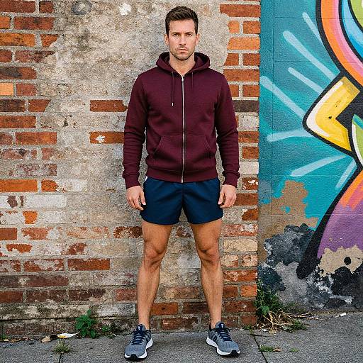 Photograph of a fit, bearded man in maroon hoodie, black shorts, and gray sneakers, standing against a graffiti-covered brick wall.