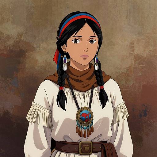 Digital illustration of a young Native American woman with long black hair, wearing a white blouse, brown scarf, red headband, and large blue earrings,