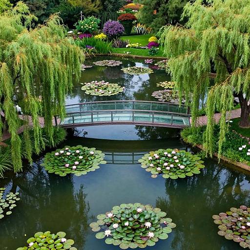 Photograph of a serene garden pond with lily pads, white water lilies, a curved glass bridge, and weeping willow trees.