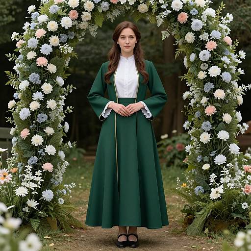Photograph of a young woman with long brown hair, wearing a green dress and white blouse, standing under a floral archway.