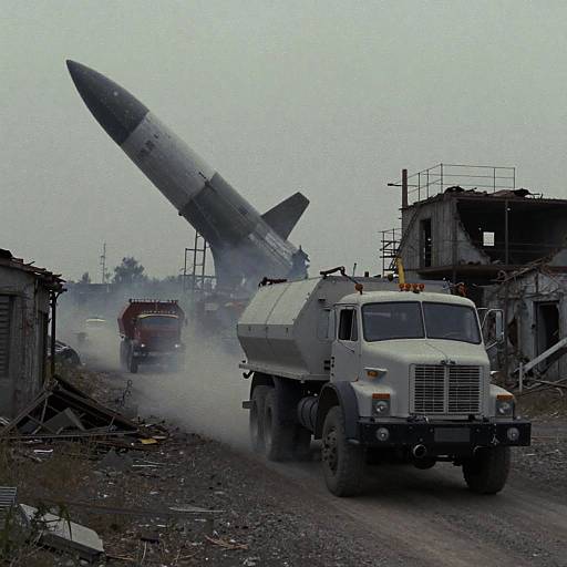 Photograph of a large rocket launching from a dusty, industrial site with a white dump truck driving in the foreground.