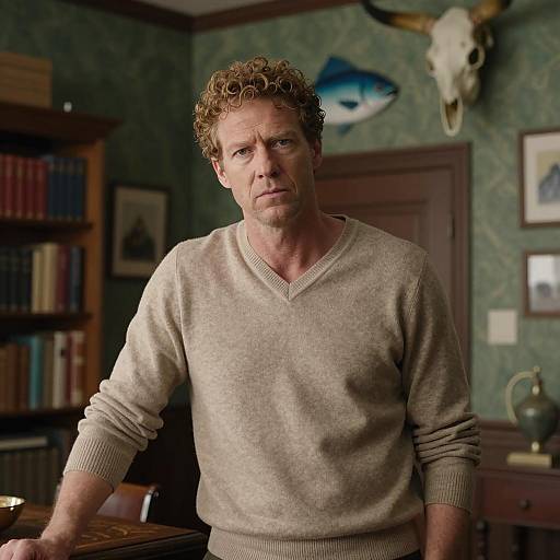 Serious Man in Cozy Study Room