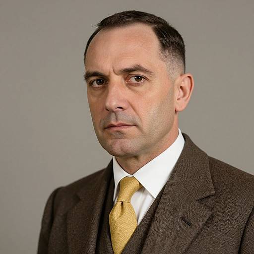 Photograph of a middle-aged man with short black hair, wearing a brown suit, white shirt, and yellow tie, against a plain gray background.