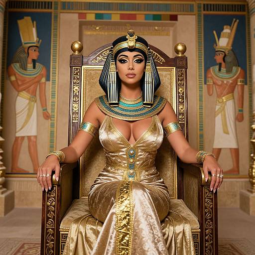 Digital illustration of an Egyptian queen with dark skin, large breasts, wearing a gold dress, blue and gold headdress, and ornate jewelry, seated