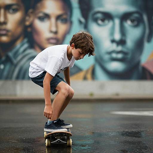Boy with Skateboard in Water