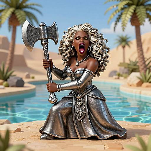 Digital artwork of a fierce, dark-skinned woman with silver curly hair, wearing metallic armor, kneeling by a desert pool, wielding an ornate axe