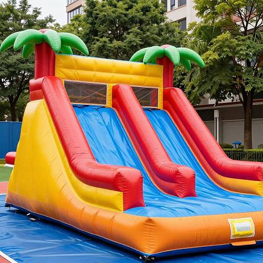 Photograph of a colorful inflatable water slide with yellow sides, red handrails, blue slide, and green palm tree tops, set in a sunny park