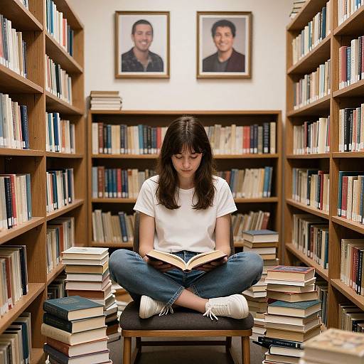 Photograph of a young woman with straight black hair, wearing a white t-shirt and blue jeans, sitting cross-legged on a stool in a library,