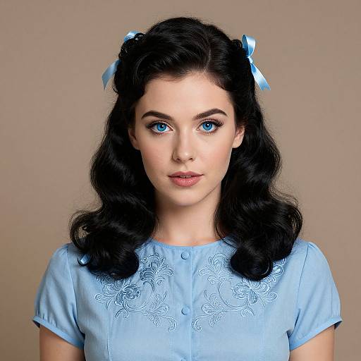 Photograph of a young woman with fair skin, blue eyes, and black wavy hair adorned with blue bows, wearing a light blue embroidered shirt,