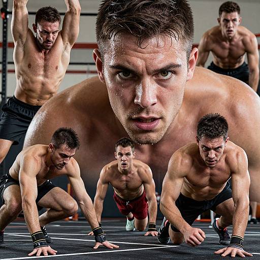Photograph of six muscular, shirtless men with short dark hair performing intense gym exercises, focusing on a central determined face.