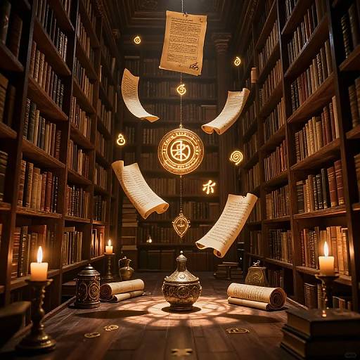 Photograph of a dimly lit, medieval library with floating scrolls, candles, and illuminated symbols, surrounded by wooden bookshelves.