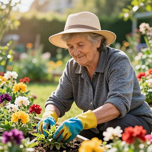 Cheerful Grandma Gardening in Blooming Garden