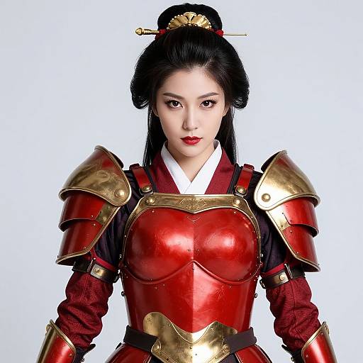Photograph of an East Asian woman with fair skin, black hair in a traditional updo, wearing red and gold samurai armor, against a white