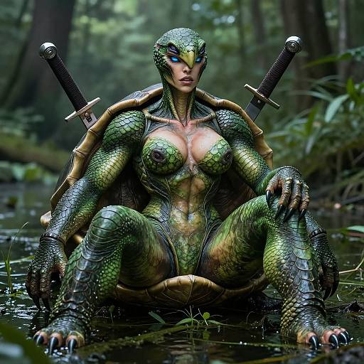 Digital artwork of a muscular, green-scaled, female humanoid turtle with blue eyes, large breasts, and two swords strapped to her back, sitting in