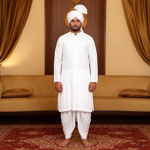 Photograph of a bearded South Asian man in white traditional attire, turban, standing barefoot in front of a beige couch, gold curtain,