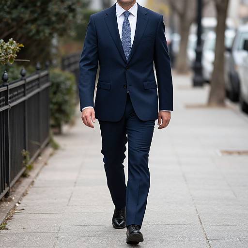 Man in Suit Walking Sidewalk