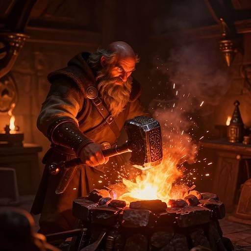 Photograph of an elderly, bearded blacksmith with a long beard, wearing a brown fur cloak, hammering a glowing, fiery forge, surrounded