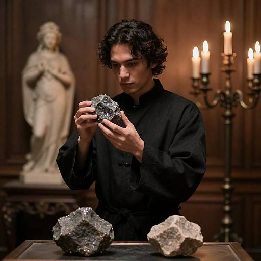 Mystical Man Examining Glittering Rock