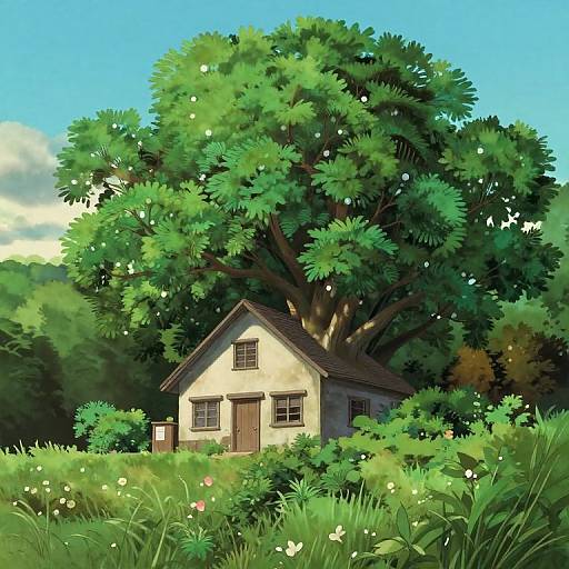 Digital painting of a small, rustic, white cottage with brown door, nestled among vibrant green trees and lush, flowering meadow under a bright blue sky