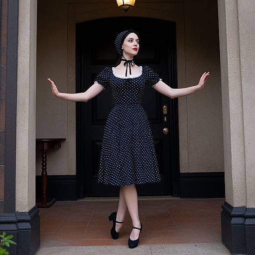 Photograph of a pale-skinned woman in a black polka dot dress and matching headscarf, standing in a doorway with arms outstretched