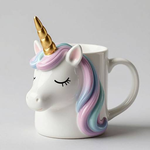 Photograph of a white ceramic mug with a unicorn face, featuring a golden horn, pastel-colored mane, and closed eyes, against a plain white
