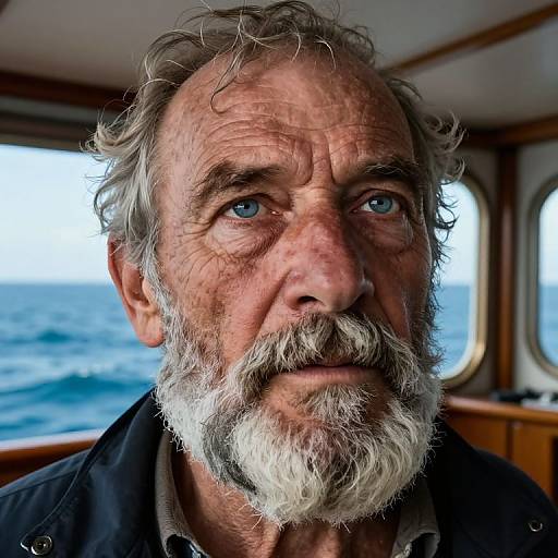 Photograph of an elderly man with a weathered face, gray curly hair, and white beard, gazing intently with blue eyes inside a boat