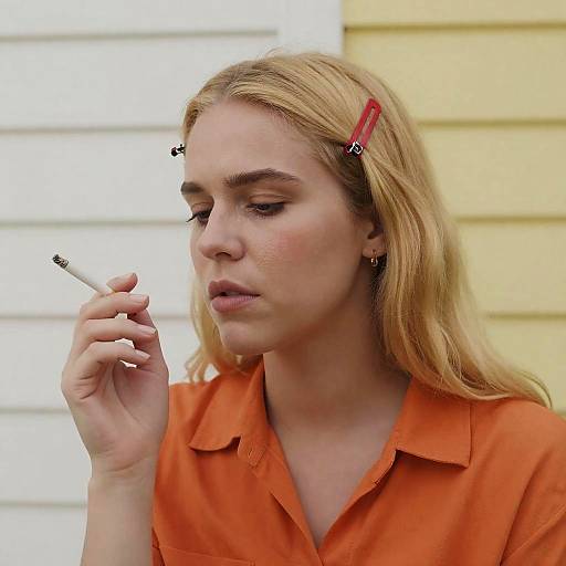 Pensive Blonde Woman with Red Hairpins