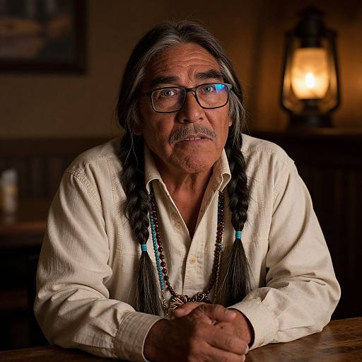 Photograph of an older man with long gray hair in braids, wearing glasses and a white button-up shirt, seated in a dimly lit room