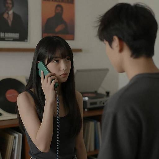 Dimly Lit Phone Conversation at Home