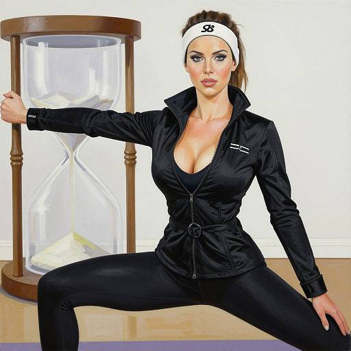 Photorealistic digital art of a fit woman in a black zip-up top and pants, headband, squatting in front of a wooden hourglass
