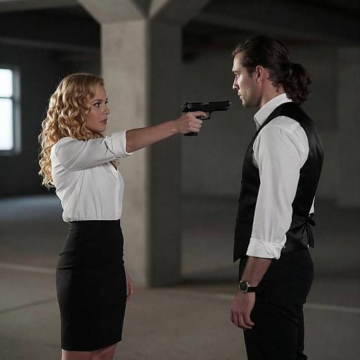 Blonde Woman Points Gun in Warehouse