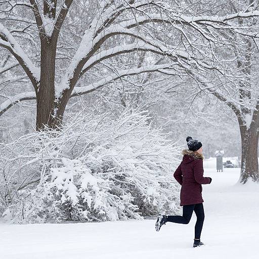 Photograph of a person in a maroon coat and black hat running through a snowy, tree-lined park with branches heavily laden with snow.