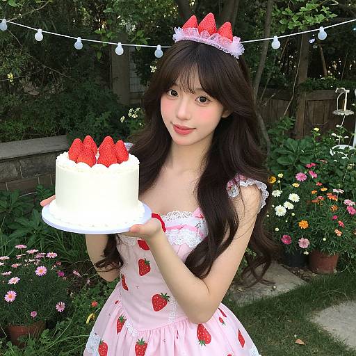 Asian woman with long black hair, strawberry dress, and crown, holding strawberry-topped cake in a garden with string lights. Photorealistic image.