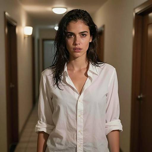 Intense Woman in Dimly Lit Hallway