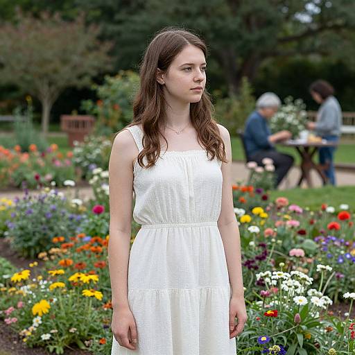 Photograph of a young woman with long brown hair in a white sleeveless dress, standing in a vibrant garden with colorful flowers, blurred background includes people