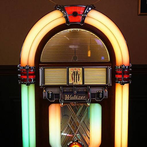 Photograph of a brightly lit vintage jukebox with neon arches in yellow, green, and red, featuring a glass front and 
