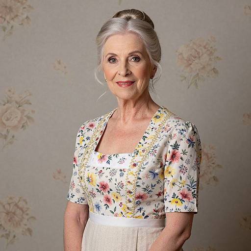 Photograph of an elderly woman with silver hair, floral blouse, and white skirt, standing against a floral-patterned wallpaper background.