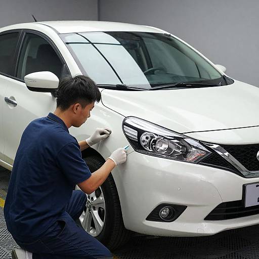 Photograph of an Asian male mechanic in blue uniform, white gloves, painting a white sedan's front grille in a garage.