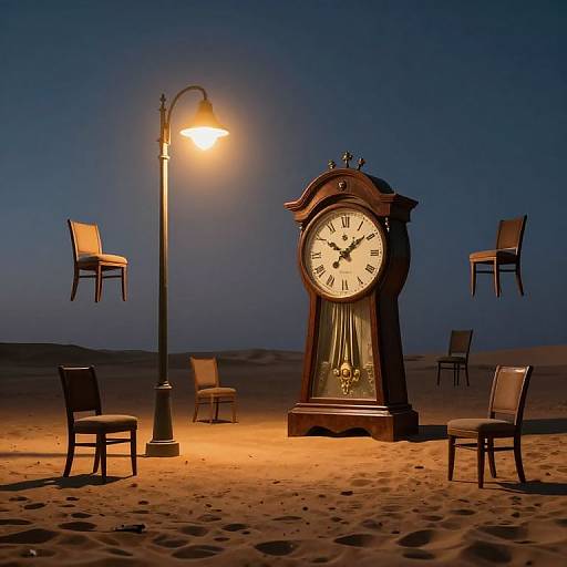 Surreal Desert with Floating Chairs