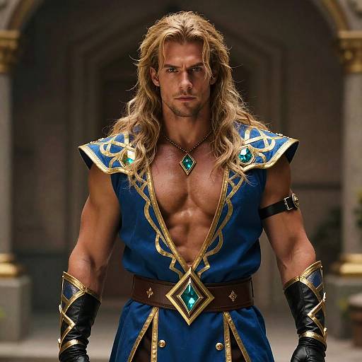 Muscular blonde man with long hair in a blue, gold-trimmed, open-chest fantasy outfit, wearing a green gem necklace and arm br