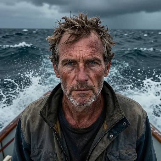 Photograph of a weathered, middle-aged man with tousled hair and blue eyes, standing on a boat in choppy ocean waters under a cloudy