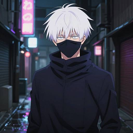 Anime-style digital drawing of a white-haired, masked, black-cloaked man standing in a neon-lit, rainy urban alleyway at night.