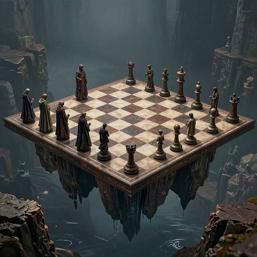 Mysterious floating chessboard with black and white pieces, set in a dark, misty, ruined underwater cityscape, illuminated by soft light.