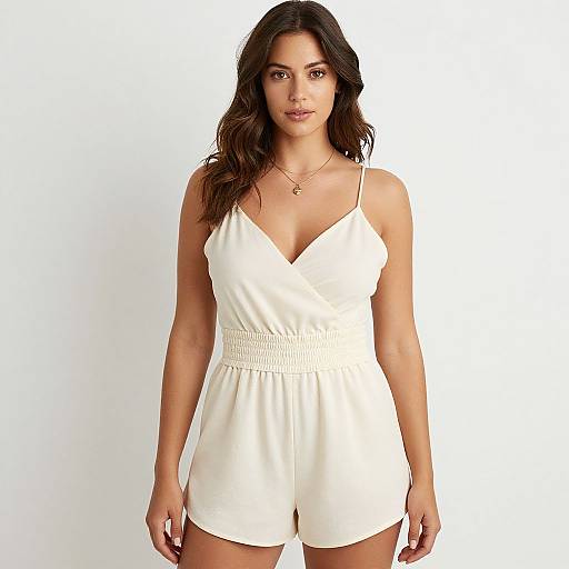 Photograph of a woman with long, wavy brown hair wearing a white, V-neck, sleeveless romper against a plain white background. She