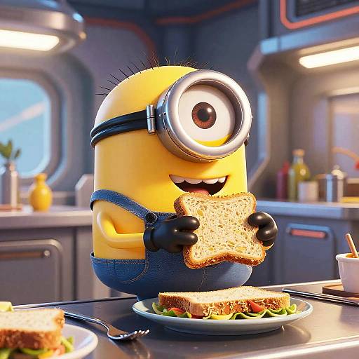 Minions Enjoying Sandwiches in Futuristic Kitchen