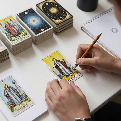 Photograph of hands drawing on a tarot card, surrounded by stacked tarot decks and a notebook, with a pencil in hand.