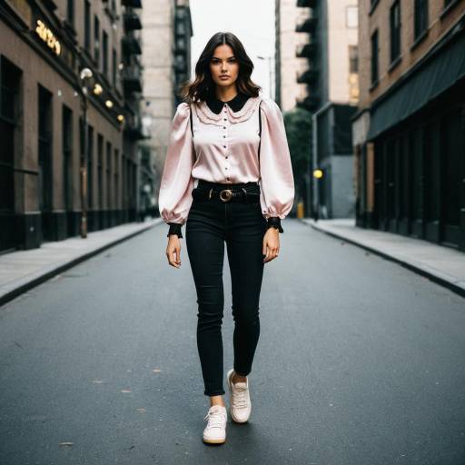 Woman in Pink Silk Blouse Walking on Urban Street