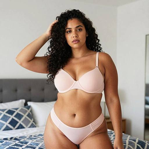 Photograph of a curvy, dark-skinned woman with long curly black hair, wearing a light pink bra and matching panties, standing confidently in a