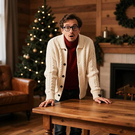 Cozy Christmas Scene with Surprised Man