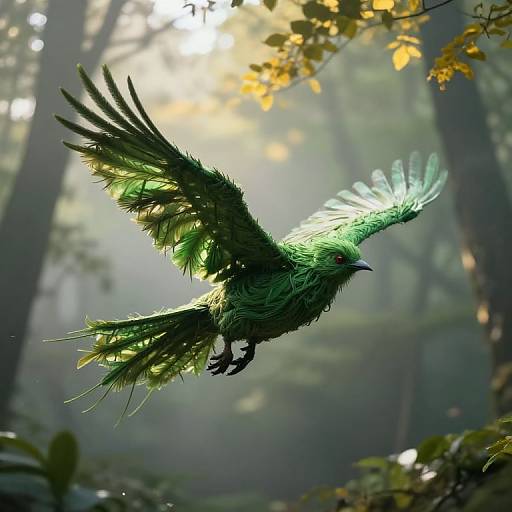 Verdant Feathered Bird in Ethereal Forest